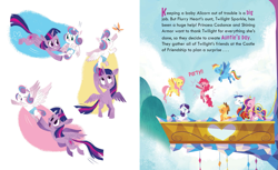 Size: 1521x928 | Tagged: safe, artist:zoe persico, applejack, fluttershy, pinkie pie, princess cadance, princess flurry heart, rainbow dash, rarity, shining armor, twilight sparkle, twilight sparkle (alicorn), alicorn, earth pony, pegasus, pony, unicorn, little golden book, mane six, preview, twilight sparkle: best aunt ever