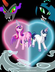 Size: 720x937 | Tagged: safe, artist:texasuberalles, king sombra, princess cadance, princess flurry heart, queen chrysalis, shining armor, alicorn, changeling, changeling queen, pony, umbrum, unicorn, windigo, black background, cloven hooves, colored hooves, female, filly, glowing eyes, glowing horn, heart, male, mare, simple background, stallion, tongue out, unshorn fetlocks