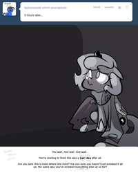 Size: 666x833 | Tagged: safe, artist:egophiliac, princess luna, alicorn, pony, ask, cartographer's muffler, filly, floppy ears, grayscale, marauder's mantle, monochrome, moonstuck, pillow, pillow fort, sad, sitting, solo, tumblr, tumblr comic, woona, younger