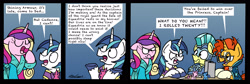 Size: 3504x1172 | Tagged: safe, artist:bobthedalek, princess cadance, shining armor, sunburst, alicorn, pony, unicorn, armor, bathrobe, blue background, cadance is not amused, clothes, comic, crystal guard, crystal guard armor, dungeons and dragons, female, figurine, male, mare, ogres and oubliettes, pen and paper rpg, robe, shining armor is a goddamn moron, simple background, stallion, sunburst is not amused, tabletop game, this will end in a night on the couch, tired, unamused, yawn, you blew it
