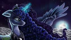 Size: 2560x1440 | Tagged: safe, artist:emeraldparrot, princess luna, alicorn, pony, cloud, detailed, female, floppy ears, fluffy, flying, magic, solo, sparkling, stars