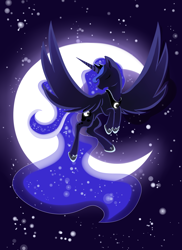 Size: 1632x2241 | Tagged: safe, artist:ellen124, princess luna, alicorn, pony, flying, moon, night, solo, stars