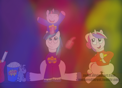 Size: 1280x927 | Tagged: safe, artist:vectoredthrust, princess cadance, shining armor, smarty pants, twilight sparkle, alicorn, pony, unicorn, clothes, coca-cola, colourful, concert, cute, female, filly, filly twilight sparkle, foalsitter, foalsitting, food, popcorn, shining adorable, shirt, sibling bonding, soda, t-shirt, the wiggles, twiabetes, wiggles, younger