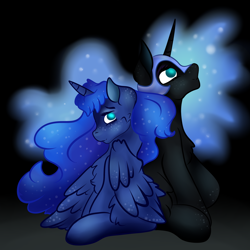 Size: 1024x1024 | Tagged: safe, artist:bewarethemusicman, nightmare moon, princess luna, alicorn, pony, duality, fluffy, freckles, sitting