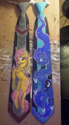 Size: 528x960 | Tagged: safe, artist:raptor007, fluttershy, princess luna, bat pony, pony, arts and crafts, clothes, craft, flutterbat, necktie, race swap, traditional art