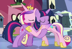 Size: 648x447 | Tagged: safe, screencap, princess cadance, twilight sparkle, twilight sparkle (alicorn), alicorn, pony, the times they are a changeling, duo, hug, sisters-in-law