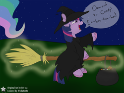 Size: 4500x3375 | Tagged: safe, artist:bri-sta, artist:wodahseht, derpibooru import, princess celestia, twilight sparkle, alicorn, pony, spider, broom, candy, cauldron, clothes, costume, cute, dialogue, filly, filly twilight sparkle, flying, flying broomstick, halloween, hat, levitation, magic, night, nightmare night, offscreen character, open mouth, smiling, stars, telekinesis, trick or treat, twiabetes, witch, witch hat