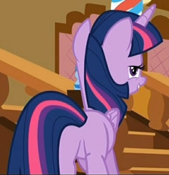 Size: 562x583 | Tagged: safe, derpibooru import, screencap, twilight sparkle, twilight sparkle (alicorn), alicorn, pony, the one where pinkie pie knows, cropped, female, i watch it for the plot, lidded eyes, looking at you, mare, out of context, plot, smiling, solo, staircase, stairs, twibutt