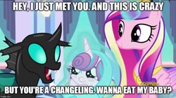 Size: 888x499 | Tagged: safe, edit, edited screencap, screencap, princess cadance, princess flurry heart, thorax, alicorn, pony, the times they are a changeling, call me maybe, caption, carly rae jepsen, image macro, implied vore, lyrics joke, meme