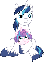 Size: 3000x4282 | Tagged: safe, artist:cloudyglow, princess flurry heart, shining armor, alicorn, pony, unicorn, once upon a zeppelin, .ai available, absurd resolution, baby, baby pony, cute, duo, duo male and female, father and child, father and daughter, female, filly, flurrybetes, foal, holding a pony, horn, looking at each other, looking down, looking up, male, parent and child, shining adorable, simple background, smiling, stallion, transparent background, vector, wings