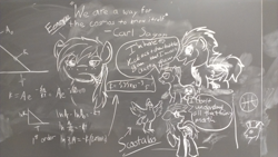 Size: 1100x620 | Tagged: safe, artist:jinyaranda, big macintosh, rainbow dash, soarin', thunderlane, earth pony, pegasus, pony, chalkboard, duke nukem, male, stallion