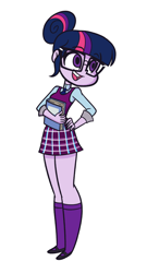 Size: 648x1200 | Tagged: safe, artist:khuzang, derpibooru import, sci-twi, twilight sparkle, equestria girls, friendship games, book, clothes, crystal prep academy uniform, glasses, mary janes, open mouth, school uniform, skirt, smiling, socks, solo