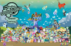 Size: 1920x1242 | Tagged: safe, artist:psychoduck21, edit, a.k. yearling, allie way, angel bunny, apple bloom, applejack, bon bon, cheese sandwich, cloudchaser, daring do, derpy hooves, diamond tiara, discord, dj pon-3, doctor whooves, flam, flim, flitter, fluttershy, fortune favors, granny smith, gummy, lord tirek, lyra heartstrings, maud pie, ms. harshwhinny, octavia melody, opalescence, owlowiscious, pinkie pie, princess cadance, princess celestia, princess luna, rainbow dash, rarity, scootaloo, shining armor, silver spoon, soarin', spitfire, spoiled rich, sweetie belle, sweetie drops, tank, thunderlane, torch song, trenderhoof, twilight sparkle, twilight sparkle (alicorn), vinyl scratch, winona, zippoorwhill, alicorn, butterfly, earth pony, pegasus, pony, unicorn, afro, bandana, barnacle boy, bow, cap, cuffs, cult of squidward, cutie mark crusaders, disgusted, everypony, faic, flim flam brothers, flying, frown, gary the snail, glasses, hair bow, handsome squidward, hat, headphones, hoof hold, krusty krab, larry the lobster, logo, logo edit, mane six, mermaidman, my little x, patchy the pirate, pirate hat, police uniform, ponytones outfit, sign, smiling, sombrero, spongebob squarepants, spread wings, squidward tentacles, sunglasses, top hat, tree of harmony, turntable, wings
