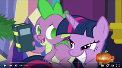 Size: 853x477 | Tagged: safe, derpibooru import, screencap, spike, twilight sparkle, twilight sparkle (alicorn), alicorn, dragon, pony, hearthbreakers, bedroom eyes, book, context is for the weak, discovery family logo, dragons riding ponies, female, mare, pumpkin, riding, youtube