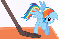 Size: 1965x1317 | Tagged: artist needed, safe, rainbow dash, human, pegasus, pony, adorable distress, behaving like a cat, behaving like a dog, cute, dashabetes, fear, female, floppy ears, frown, funny, mare, open mouth, raised hoof, scared, spread wings, ultimate terror, vacuum cleaner