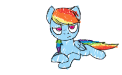 Size: 425x260 | Tagged: safe, artist:naroclie, color edit, edit, rainbow dash, pegasus, pony, animated, bored, colored, cute, dashabetes, eyeroll, female, flop, floppy ears, frown, glare, grumpy, lazy, lidded eyes, madorable, mare, no catchlights, no pupils, on back, open mouth, prone, rolling, sigh, simple background, smooth as butter, solo, white background, wide eyes