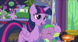 Size: 1874x1027 | Tagged: safe, derpibooru import, screencap, spike, twilight sparkle, twilight sparkle (alicorn), alicorn, dragon, pony, hearthbreakers, cute, eyes closed, fangs, female, happy, hearth's warming eve, male, mama twilight, mare, open mouth, spikabetes, spikelove, twiabetes