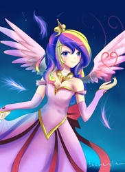 Size: 800x1098 | Tagged: safe, artist:incinerater, princess cadance, human, clothes, dress, heart, humanized, solo, winged humanization