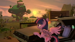 Size: 1024x576 | Tagged: safe, artist:maxressor, derpibooru import, twilight sparkle, twilight sparkle (alicorn), alicorn, pony, unicorn, 3d, back to the future, delorean, evening, library, source filmmaker