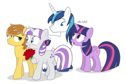 Size: 900x600 | Tagged: safe, artist:dm29, feather bangs, shining armor, twilight sparkle, twilight sparkle (alicorn), twilight velvet, alicorn, pony, unicorn, bouquet, simple background, transparent background