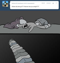 Size: 666x705 | Tagged: safe, artist:egophiliac, princess luna, alicorn, pony, ask, baby blanket, filly, floppy ears, grayscale, lunar map, monochrome, moonstuck, solo, the princess and the pea, tumblr, woona, younger