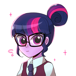 Size: 1000x1000 | Tagged: safe, artist:9seconds, derpibooru import, sci-twi, twilight sparkle, equestria girls, friendship games, bust, clothes, crystal prep academy uniform, female, glasses, looking at you, necktie, school uniform, simple background, solo, white background