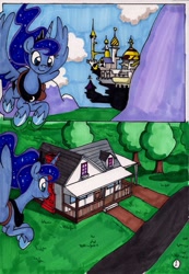 Size: 1377x1993 | Tagged: safe, artist:newyorkx3, princess luna, alicorn, pony, comic:young days, canterlot, flying, horseshoes, house, road, saddle bag, smiling, solo, traditional art