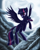 Size: 1600x2000 | Tagged: safe, artist:jeki, derpibooru import, twilight sparkle, twilight sparkle (alicorn), alicorn, pony, backlighting, cloud, cloudy, female, flying, mare, moon, solo