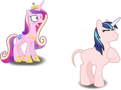 Size: 2965x2198 | Tagged: safe, artist:rustle-rose, artist:tardifice, edit, editor:slayerbvc, princess cadance, shining armor, alicorn, pony, unicorn, bald, blushing, casual nudity, clothed female nude male, embarrassed, eyes on the prize, female, furless, furless edit, jaw drop, male, mare, nude edit, nudity, oblivious, open mouth, raised hoof, shaved, shaved tail, simple background, squint, stallion, transparent background, vector, vector edit