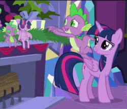 Size: 1251x1080 | Tagged: safe, derpibooru import, screencap, spike, twilight sparkle, twilight sparkle (alicorn), alicorn, dragon, pony, hearthbreakers, animated, croppe, doll, dragons riding ponies, duo, female, fireplace, hearth's warming doll, loop, male, mare, present, reaching, riding, toy