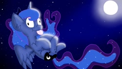 Size: 1152x648 | Tagged: safe, artist:scourgesong, princess luna, alicorn, pony, derp, moon, night, silly, silly pony, solo, tongue out