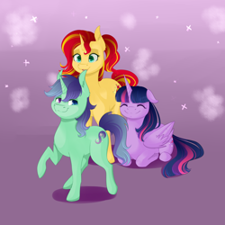 Size: 1024x1024 | Tagged: safe, artist:chiweee, derpibooru import, sunset shimmer, twilight sparkle, twilight sparkle (alicorn), oc, oc:light, alicorn, pony, adopted offspring, colt, family, family photo, female, heterochromia, lesbian, male, mare, next generation, parent:sunset shimmer, parent:twilight sparkle, parents:sunsetsparkle, ponytail, shipping, smiling, sunsetsparkle