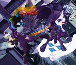 Size: 2500x2149 | Tagged: dead source, safe, artist:miradge, mare do well, opalescence, rainbow dash, rarity, pegasus, pony, unicorn, clothes, costume, dialogue, fight, glowing horn, latex, latex suit, shadowbolt dash, shadowbolts, shadowbolts costume, unmasked