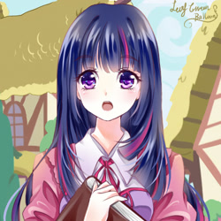 Size: 700x700 | Tagged: safe, artist:leab-lb, derpibooru import, twilight sparkle, human, anime, book, humanized, pixiv, solo