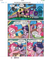 Size: 720x960 | Tagged: safe, artist:jay fosgitt, derpibooru import, idw, pinkie pie, twilight sparkle, twilight sparkle (alicorn), alicorn, earth pony, pony, spoiler:comic, spoiler:comicff22, female, friendship express, mare, preview