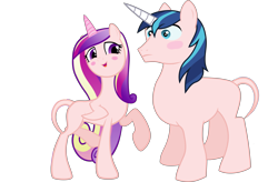 Size: 9593x6285 | Tagged: safe, artist:ekkitathefilly, artist:frownfactory, edit, editor:slayerbvc, princess cadance, shining armor, alicorn, pony, unicorn, absurd resolution, bald, blushing, female, furless, furless edit, male, mare, missing accessory, nude edit, nudity, plucked, raised hoof, shaved, shaved tail, simple background, stallion, transparent background, vector, vector edit