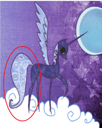 Size: 658x827 | Tagged: safe, edit, edited screencap, screencap, princess luna, alicorn, pony, friendship is magic, book, circled, cloud, cropped, female, hooves, horn, mare, moon, on a cloud, pointy ponies, purple background, raised hoof, simple background, solo, standing on cloud, storybook, wings