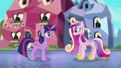 Size: 500x281 | Tagged: safe, artist:小凱, edit, edited screencap, screencap, princess cadance, twilight sparkle, twilight sparkle (alicorn), alicorn, pony, the times they are a changeling, animated, butt shake, chinese, gif, loop, sunshine sunshine