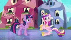 Size: 500x281 | Tagged: safe, artist:小凱, edit, edited edit, edited screencap, screencap, princess cadance, twilight sparkle, twilight sparkle (alicorn), alicorn, pony, the times they are a changeling, animated, chinese, discovery family logo, gif, hoofy-kicks, loop, sunshine sunshine