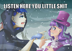 Size: 1330x946 | Tagged: safe, artist:loure201, edit, princess luna, snowfall frost, starlight glimmer, human, a hearth's warming tail, cloak, clothes, crying, humanized, image macro, listen here, luna's future, meme, nail polish, snow, snowfall, spirit of hearth's warming yet to come, vulgar