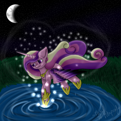 Size: 4500x4500 | Tagged: safe, artist:zombiecupcake101, princess cadance, alicorn, pony, absurd resolution, flying, moon, night, ripple, solo, water