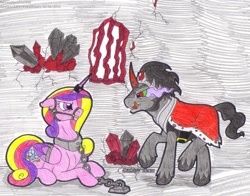 Size: 1024x802 | Tagged: safe, artist:skywalkergirl666, king sombra, princess cadance, alicorn, pony, unicorn, alternate scenario, bad end, bit gag, bondage, bound wings, bridle, chains, collar, crystal, dark crystal, dungeon, duo, female, gag, horn ring, licking, licking lips, magic suppression, male, mare, prisoner, restrained, slave, stallion, straight, subdance, the bad guy wins, tongue out, victorious villain