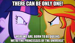 Size: 625x359 | Tagged: safe, sunset shimmer, twilight sparkle, equestria girls, equestria girls (movie), highlander, image macro, princes of the universe, queen (band), rivalry