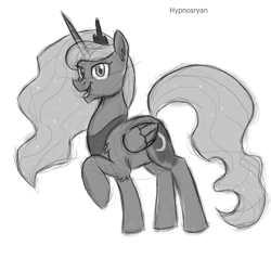 Size: 1700x1700 | Tagged: safe, artist:hypno, princess luna, alicorn, pony, grayscale, looking at you, monochrome, raised hoof, simple background, sketch, smiling, solo, white background