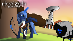 Size: 1920x1080 | Tagged: safe, artist:ardonsword, princess luna, alicorn, pony, robot, aloy, bow (weapon), crossover, female, horizon zero dawn, machine, magic, magic aura, mare, s1 luna, solo, spread wings, tallneck, telekinesis, watcher