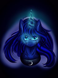 Size: 1536x2048 | Tagged: safe, artist:0bsydia, princess luna, alicorn, pony, bust, crying, frown, glowing horn, looking at you, portrait, scratches, solo