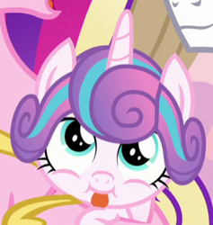 Size: 334x353 | Tagged: safe, screencap, princess cadance, princess flurry heart, shining armor, alicorn, pony, unicorn, once upon a zeppelin, :p, cropped, cute, flurrybetes, silly, silly pony, solo focus, tongue out