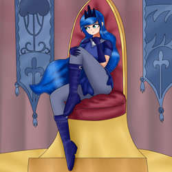 Size: 2000x2000 | Tagged: safe, artist:focusb, princess luna, human, banner, boots, clothes, humanized, solo, throne