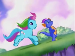 Size: 640x480 | Tagged: safe, rainbow dash, rainbow dash (g3), spike, dragon, g3, the runaway rainbow, hill, running, worried