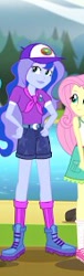 Size: 86x283 | Tagged: safe, screencap, fluttershy, princess luna, vice principal luna, equestria girls, legend of everfree, boots, cap, clothes, hat, shoes, shorts, skirt, smiling, socks